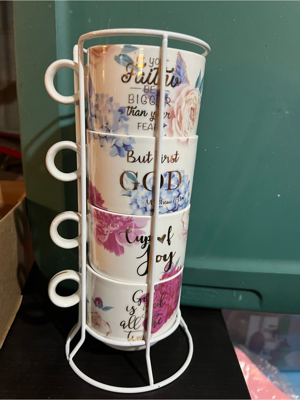 Floral Stacked Ceramic Mug Set with White Rack - Pink & Blue